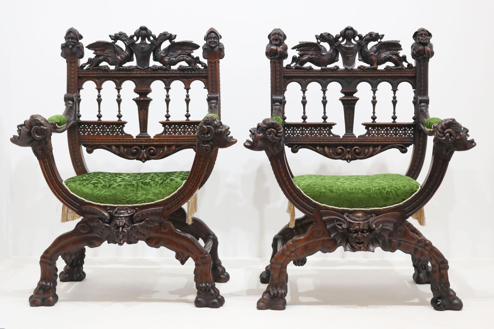 Rare Pair Of Gothic Revival Chairs By Victor Aimone 19th Century Dragons Knights photo furniture