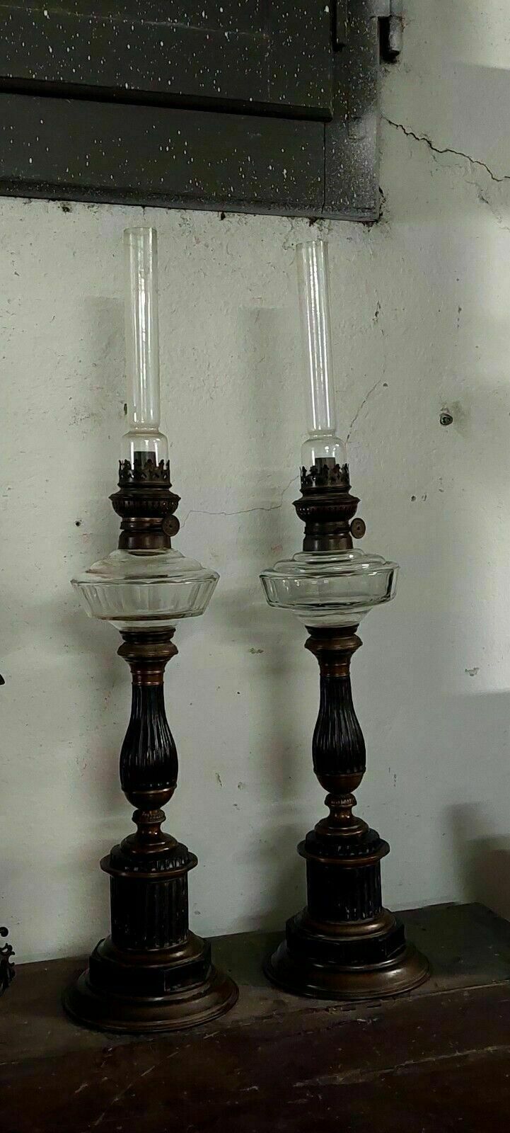 photo for sale Pair Of Antique Oil Lamps In Metal 19th Century Glass Empire Style