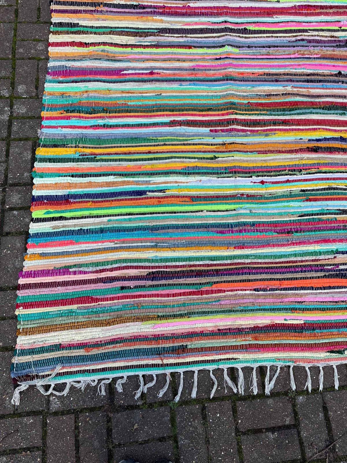 Large Handmade Multi Colour Rag Rug Vintage Boho Striped Woven Cotton Floor Mat Approx 8ft X 5ft photo for sale