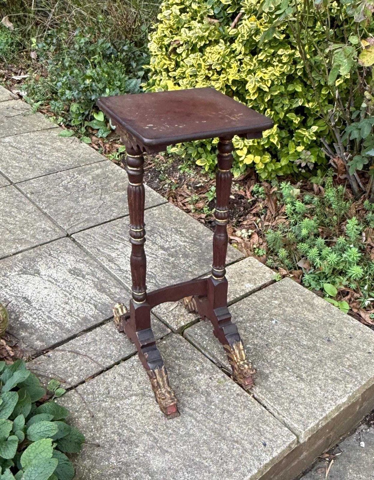 Antique Victorian Chinoiserie Plant Stand With Gilt Dragon Feet Side Table Lacquered. Oriental Design Side Table