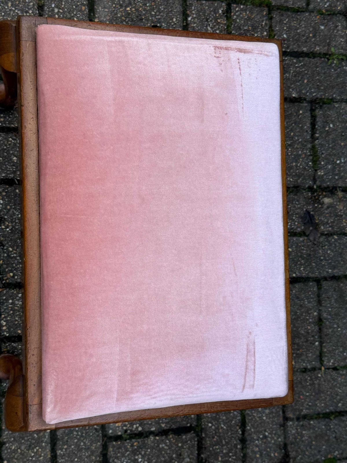 Antique 1920s Queen Anne Revival Stool With Cabriole Legs, Reupholstered Pink Velveteen Vintage Seating photo vintage