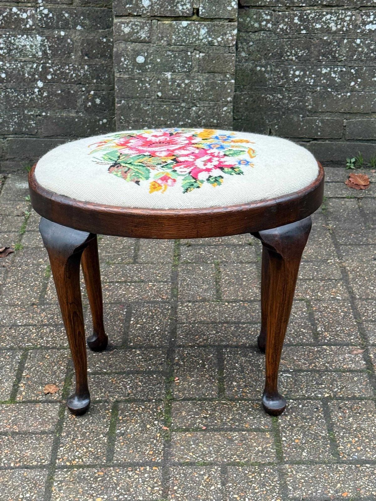 Vintage Circa 1950s Queen Anne Tapestry Footstool With Floral Needlepoint And Dark Oak Frame photo furniture