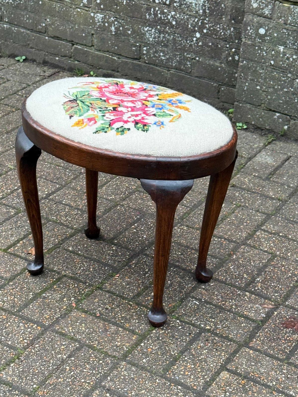 Vintage Circa 1950s Queen Anne Tapestry Footstool With Floral Needlepoint And Dark Oak Frame photo Furniture