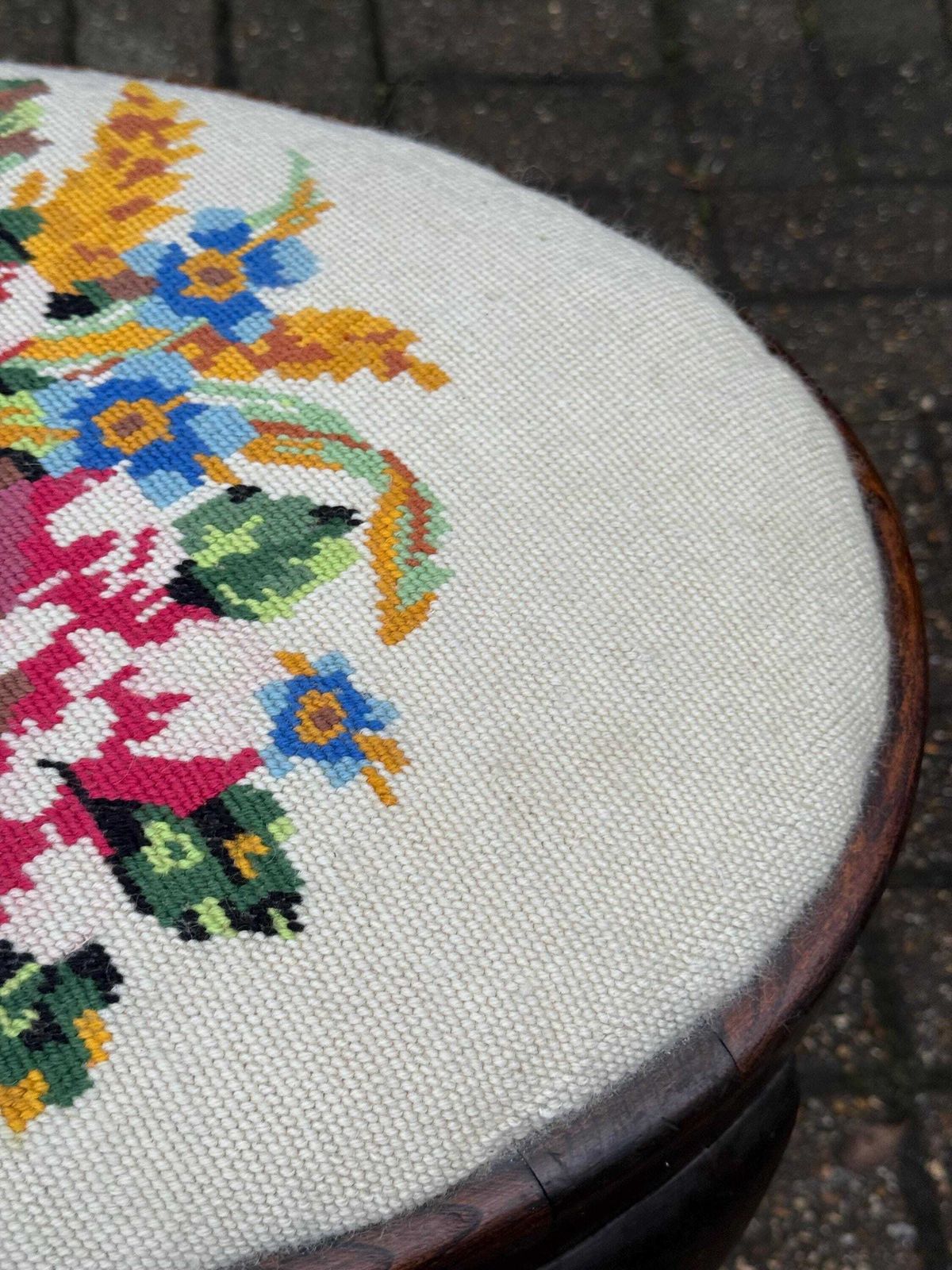 photo for sale Vintage Circa 1950s Queen Anne Tapestry Footstool With Floral Needlepoint And Dark Oak Frame