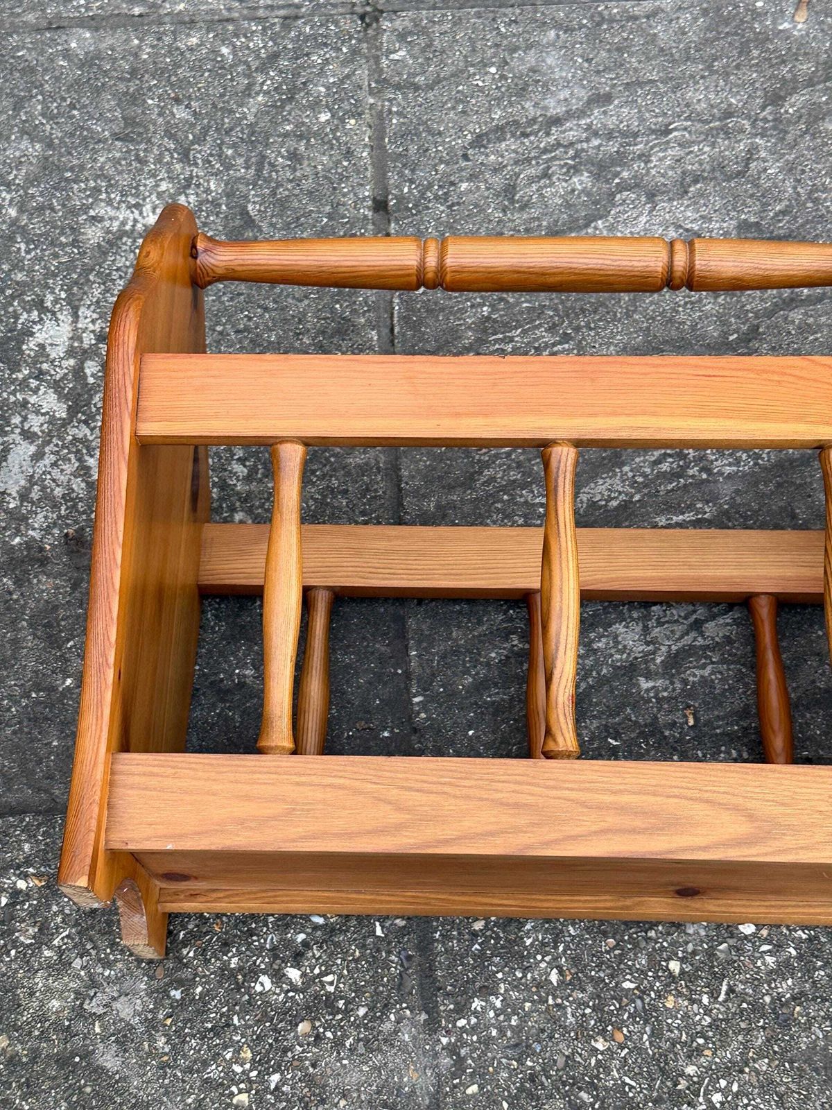 125.0 Vintage 1970s Pine Magazine Rack – Rustic Country Wooden Storage Caddy, Pine Storage Basket photo