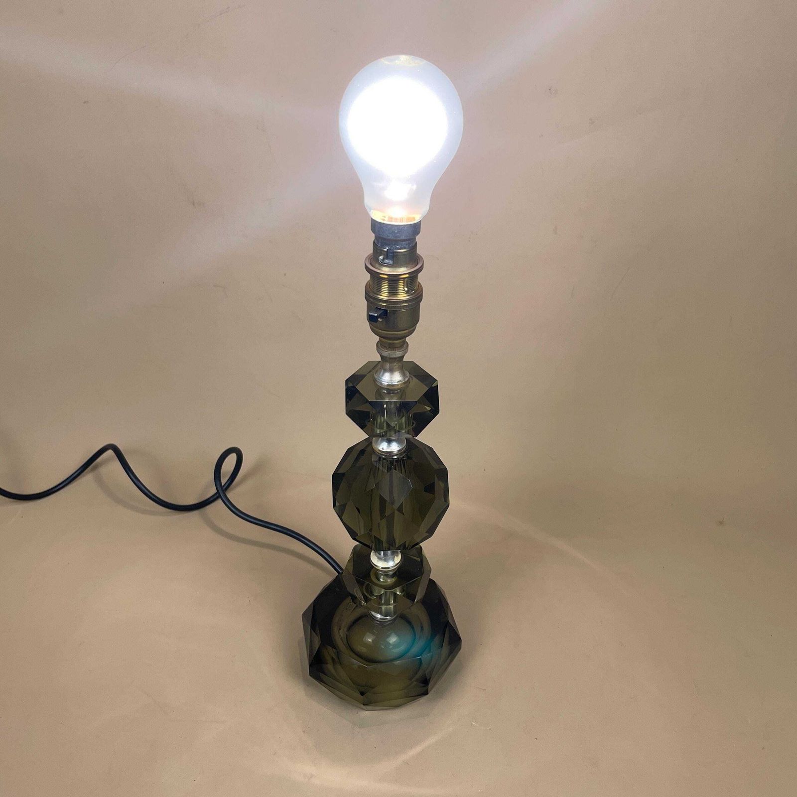 89.0 Smoked Black Cut Glass Lamp Light Bedside Table Art Deco Vintage Elegant Regency Classic Hollywood Faceted Crystal Heavy photo