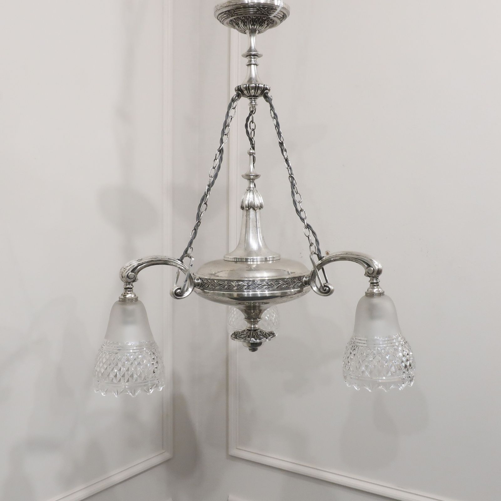 Edwardian Silver Chandelier With Crystal Glass Shades Attributed To Osler