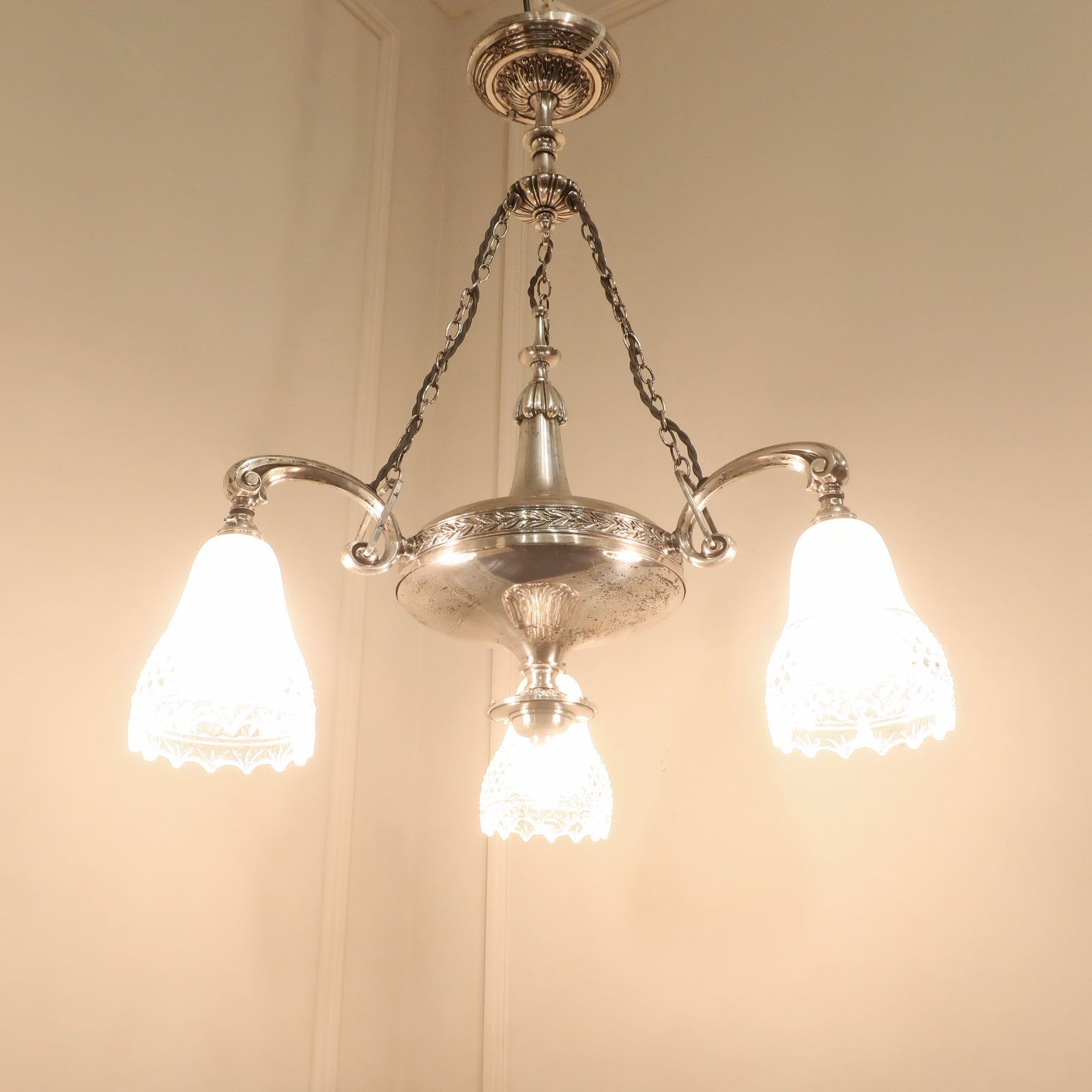 Edwardian Silver Chandelier With Crystal Glass Shades Attributed To Osler photo for sale