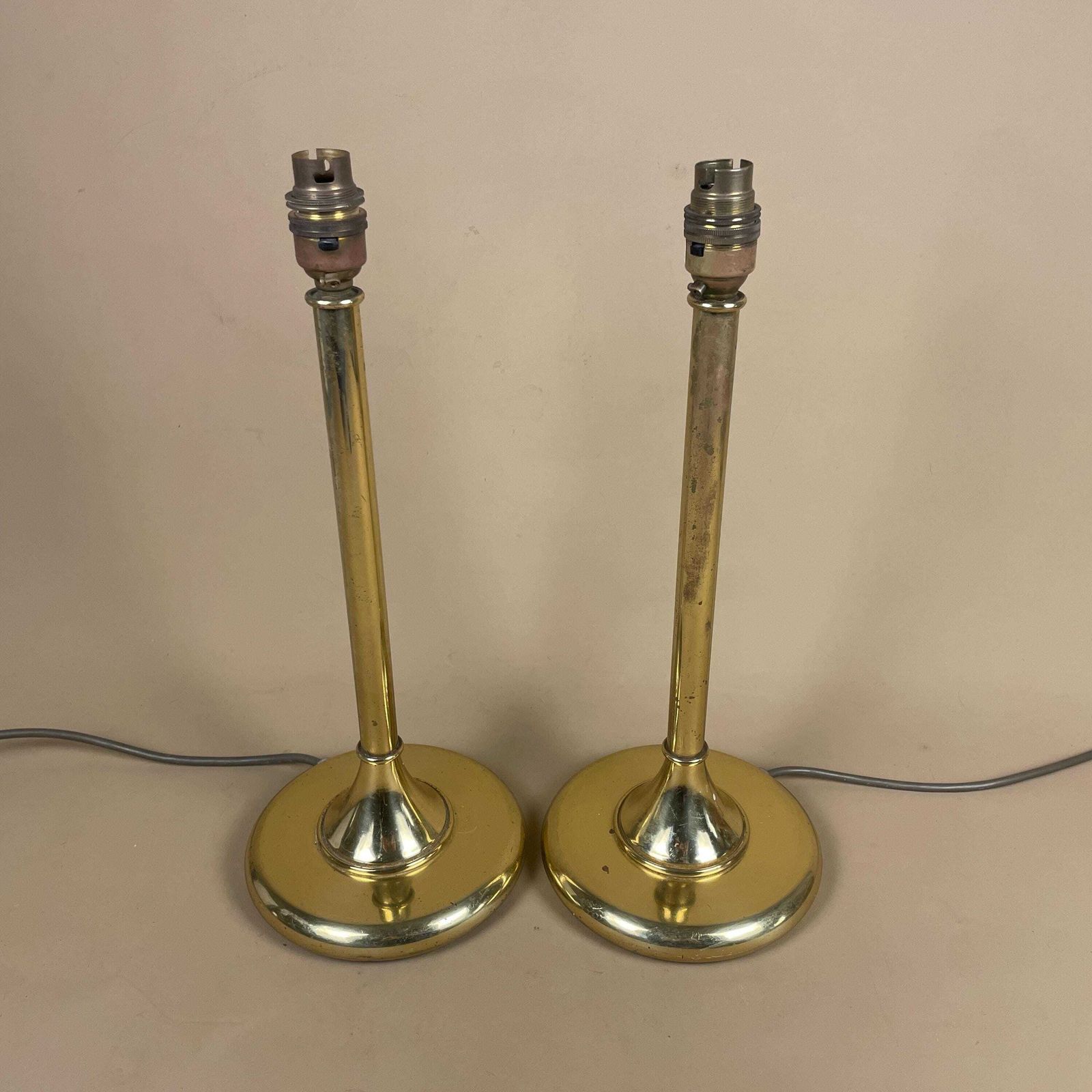 Antique Matching Pair Of Metal Gold Brass Lamps Lights Bedside Side Lamp Table Desk Light Column Round Base Vintage Classic Two Set photo for sale