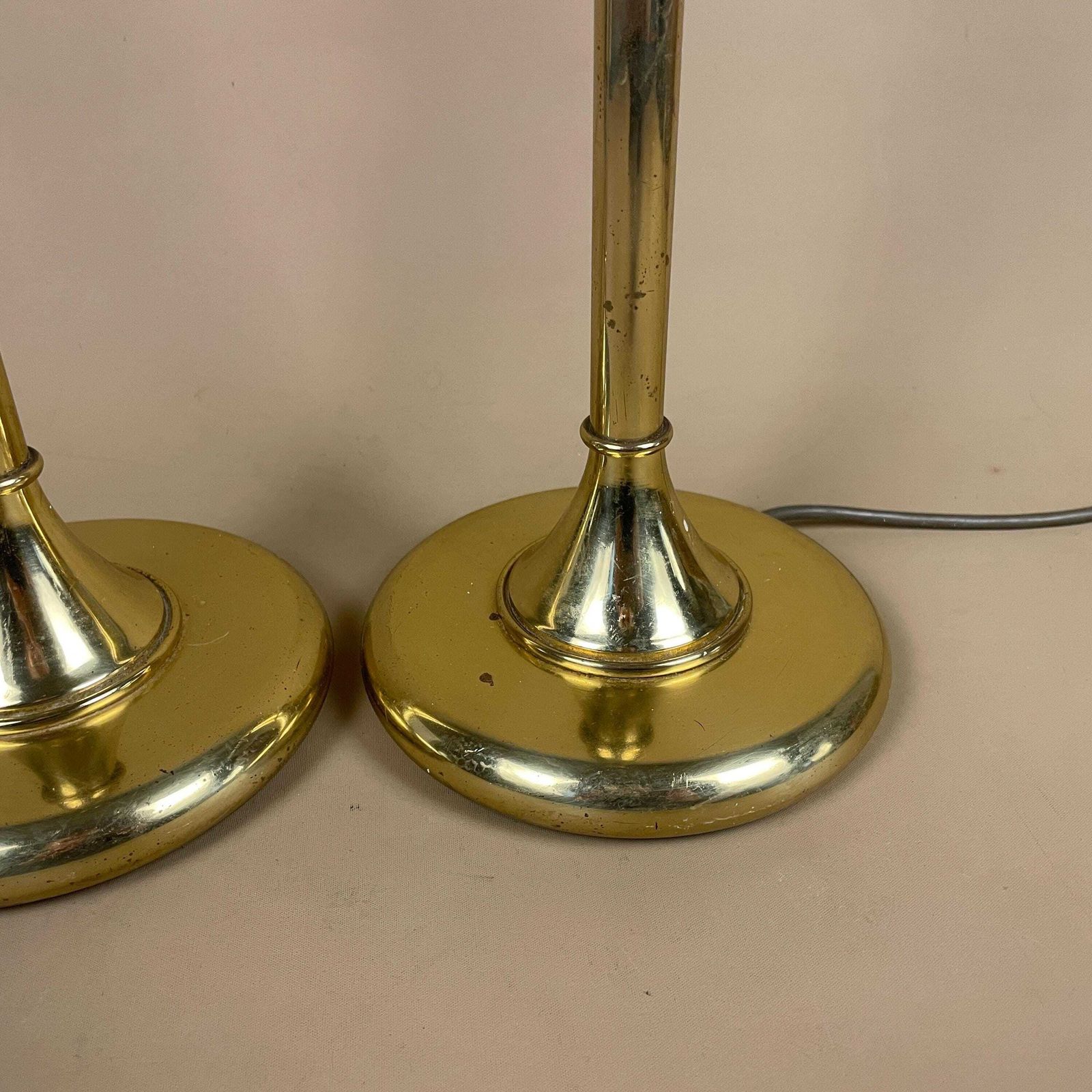 Antique Matching Pair Of Metal Gold Brass Lamps Lights Bedside Side Lamp Table Desk Light Column Round Base Vintage Classic Two Set photo 119.0