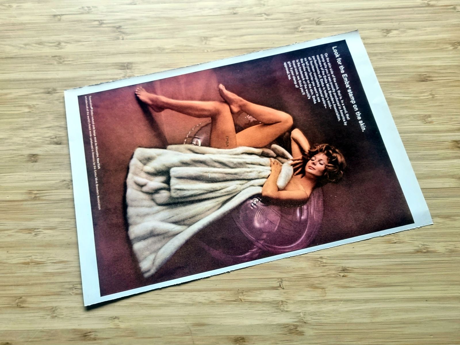 Vintage Pin Up Art, Emba 1960s Glamour Advertisement, Reclining Nude White Wrap Coat Scene, Original Midcentury Magazine Page photo vinterior