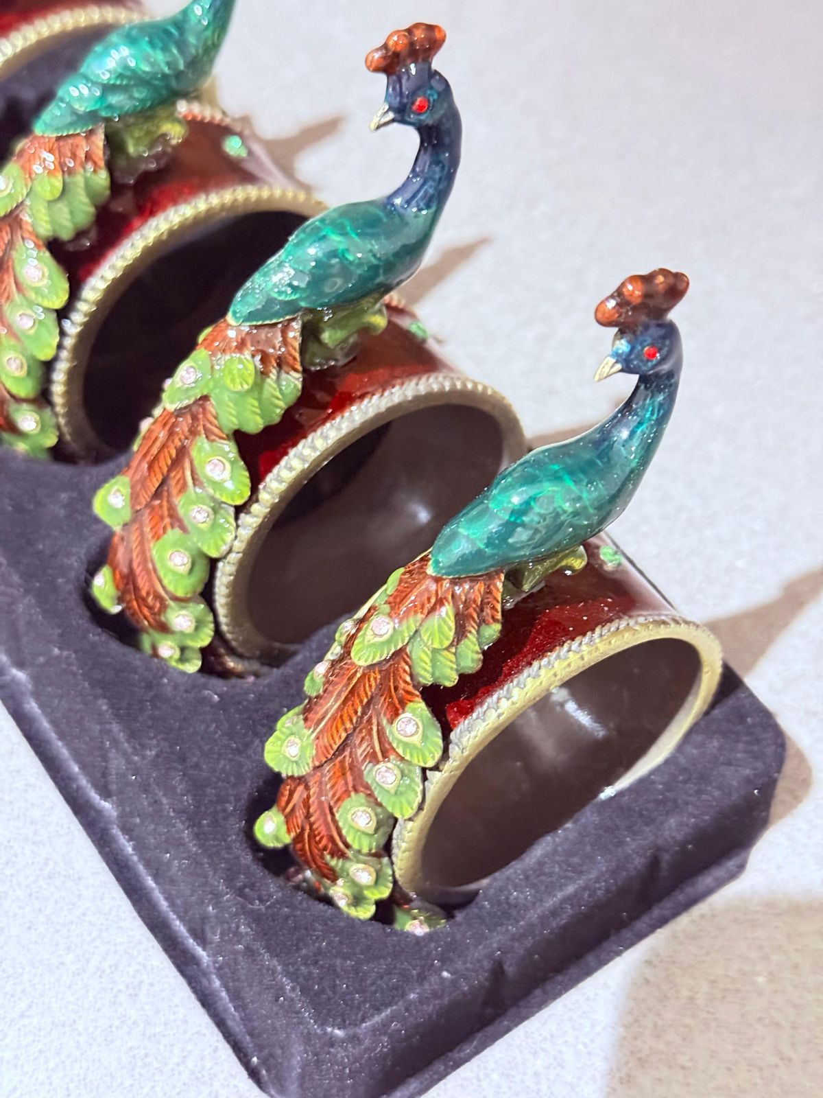 Antique Peacock Napkin Rings & Jewl Set Of 4, Exotic Luxury Dining Accents photo vinterior