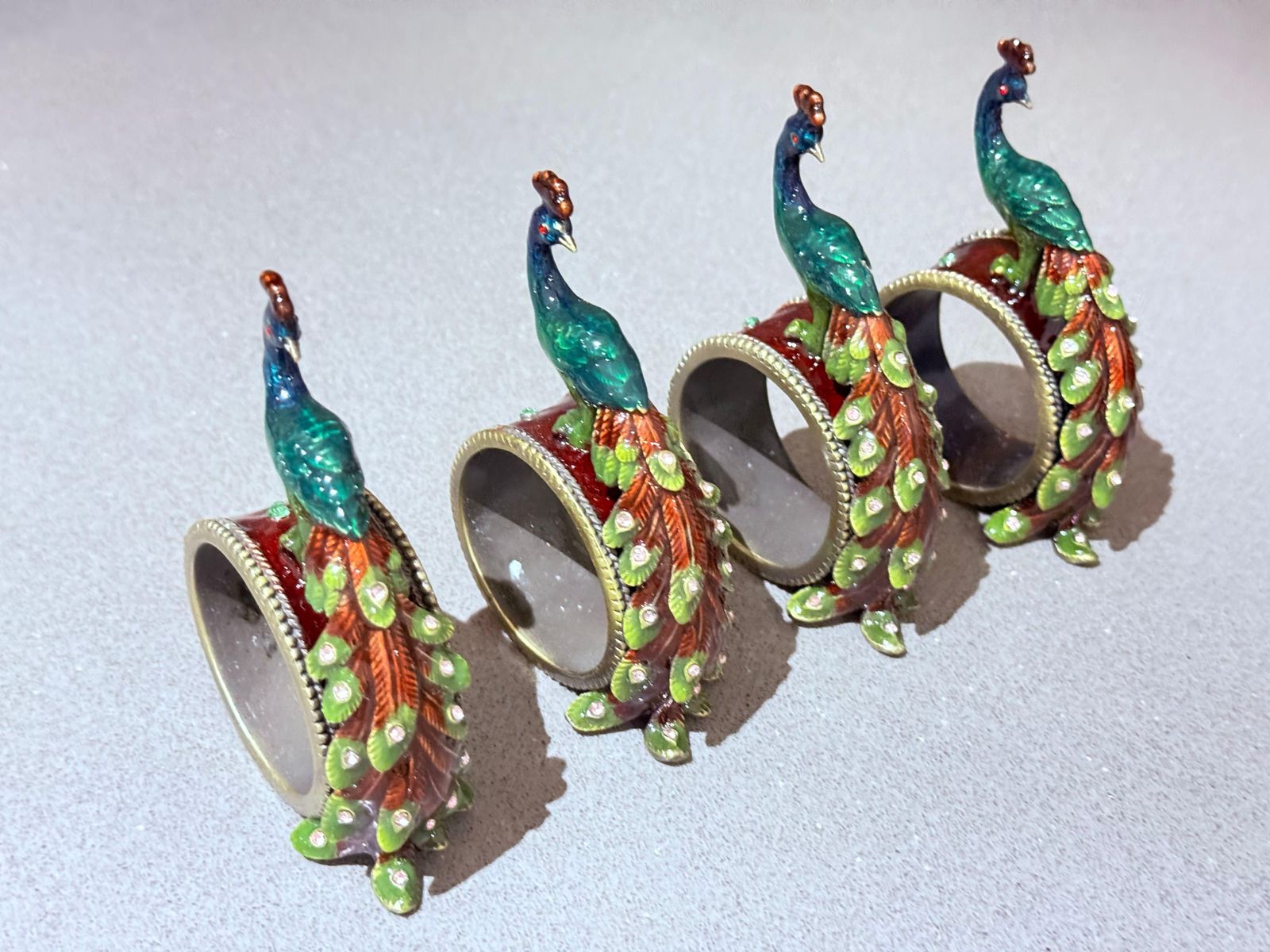 429.0 Antique Peacock Napkin Rings & Jewl Set Of 4, Exotic Luxury Dining Accents photo