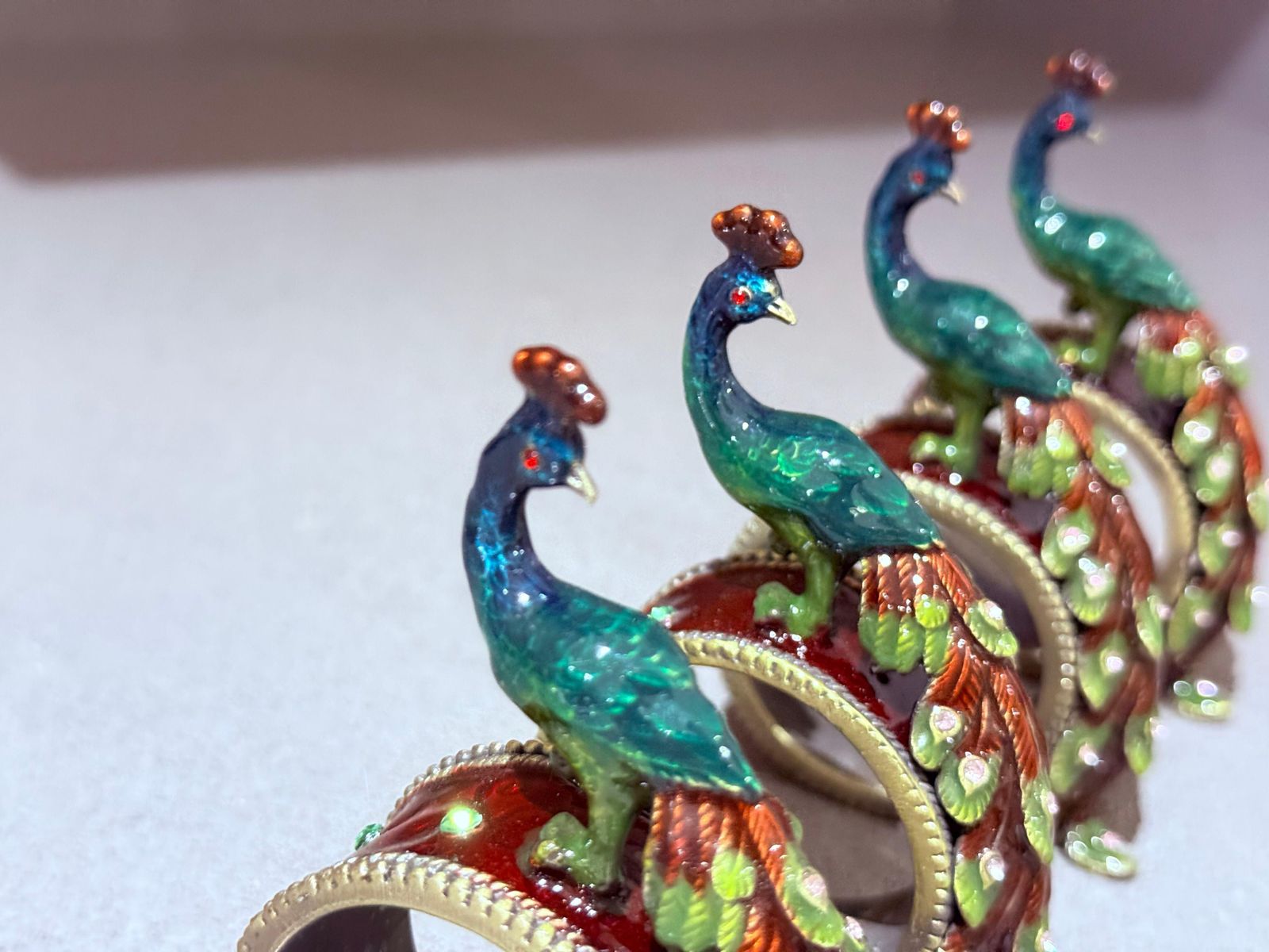 photo buy Antique Peacock Napkin Rings & Jewl Set Of 4, Exotic Luxury Dining Accents