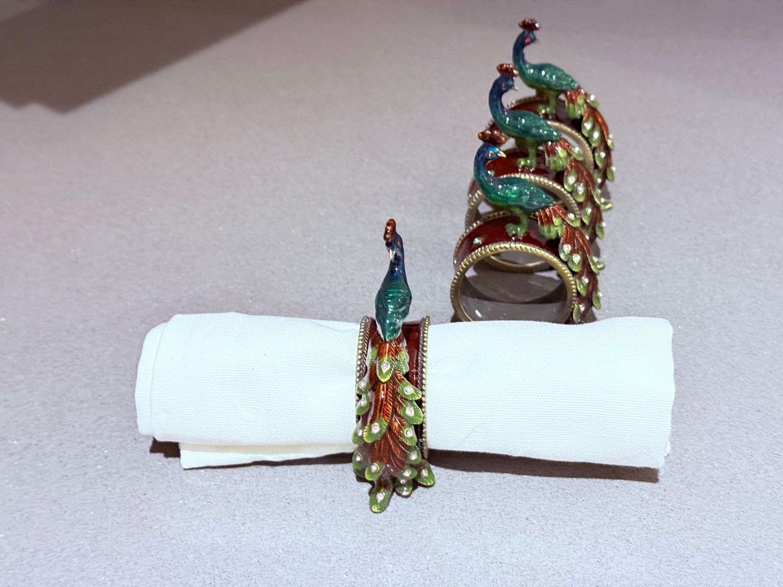 photo vintage Antique Peacock Napkin Rings & Jewl Set Of 4, Exotic Luxury Dining Accents