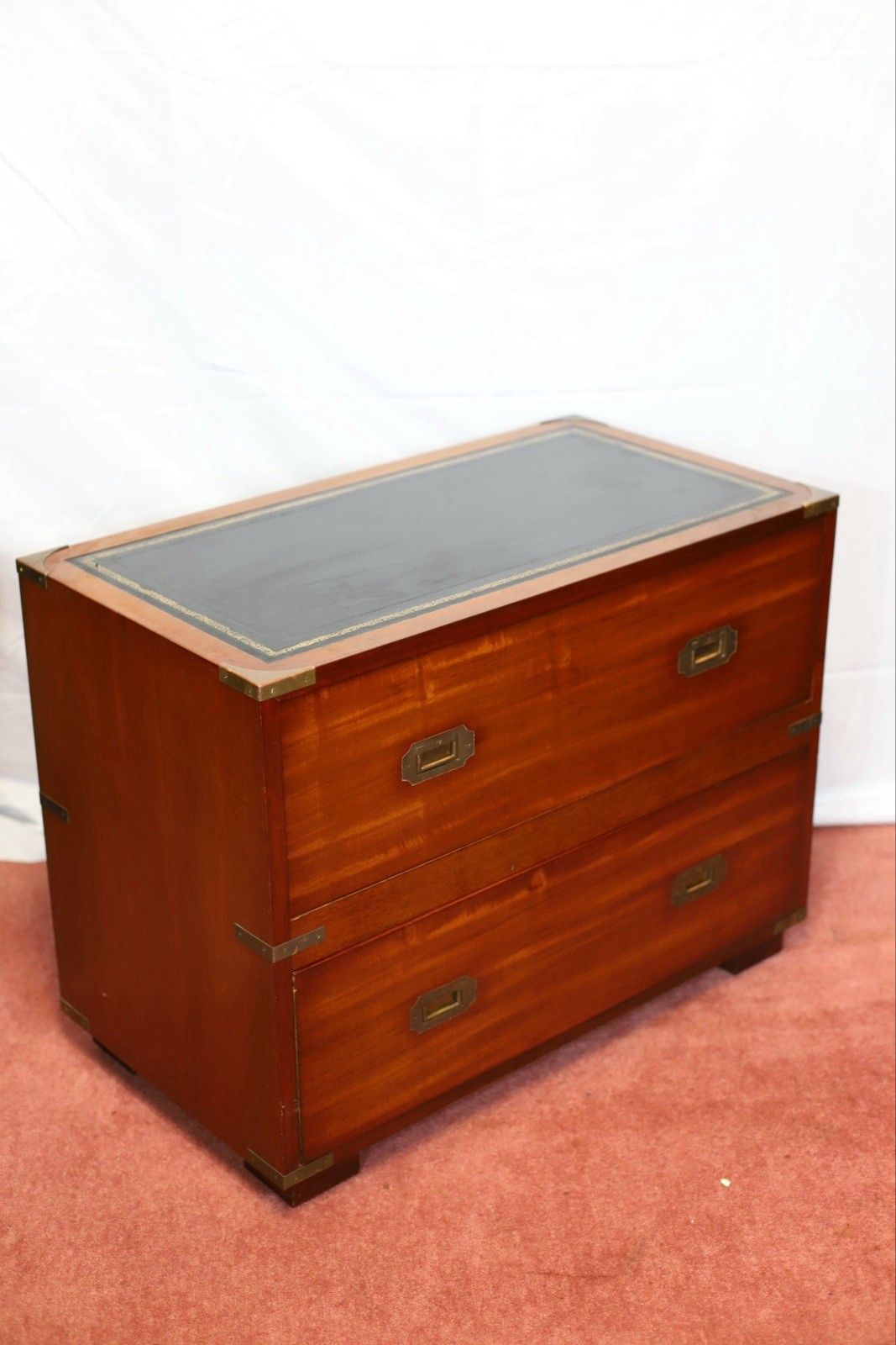 Lovely Military Campaign Style  Leather Top Two Drawers Chest