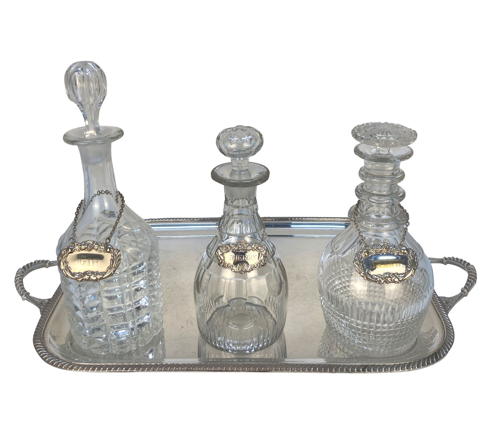 A Silver Drinks Tray With Five Decanters & A Green Glass Jug photo for sale
