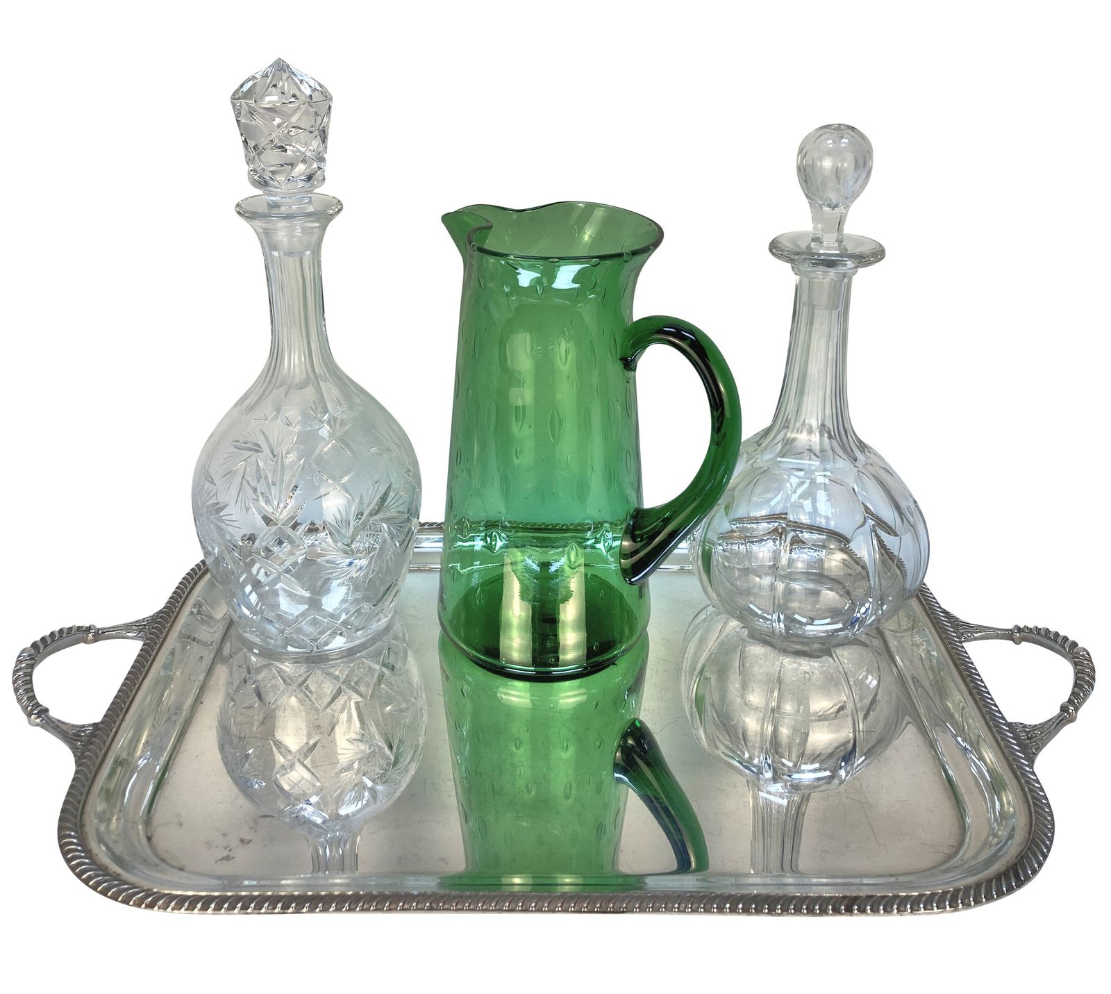 A Silver Drinks Tray With Five Decanters & A Green Glass Jug photo Home Decor