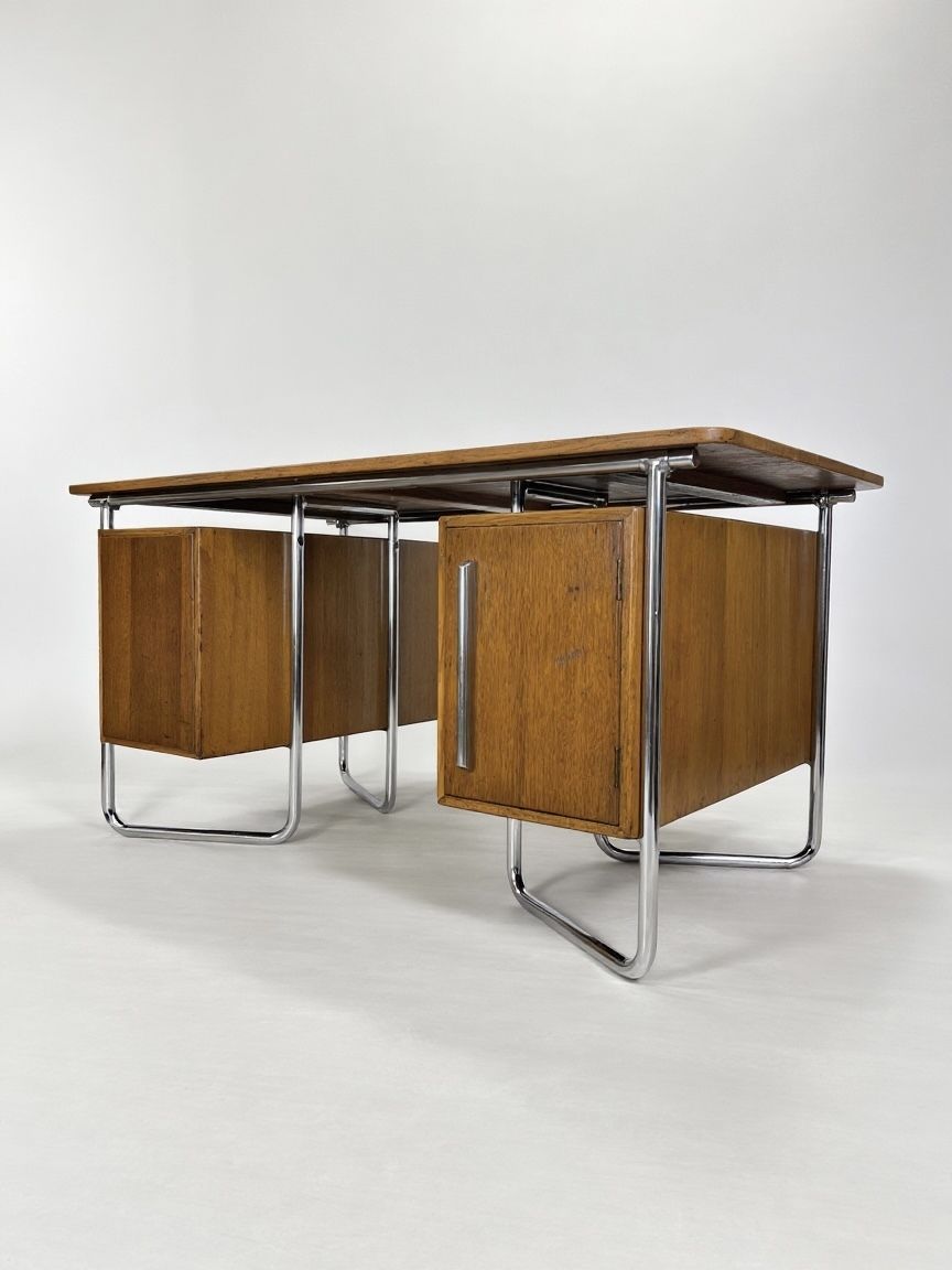 photo vinterior Oliver Percy Bernard For Pel Modernist Oak And Chrome Executive Desk, British C. 1931