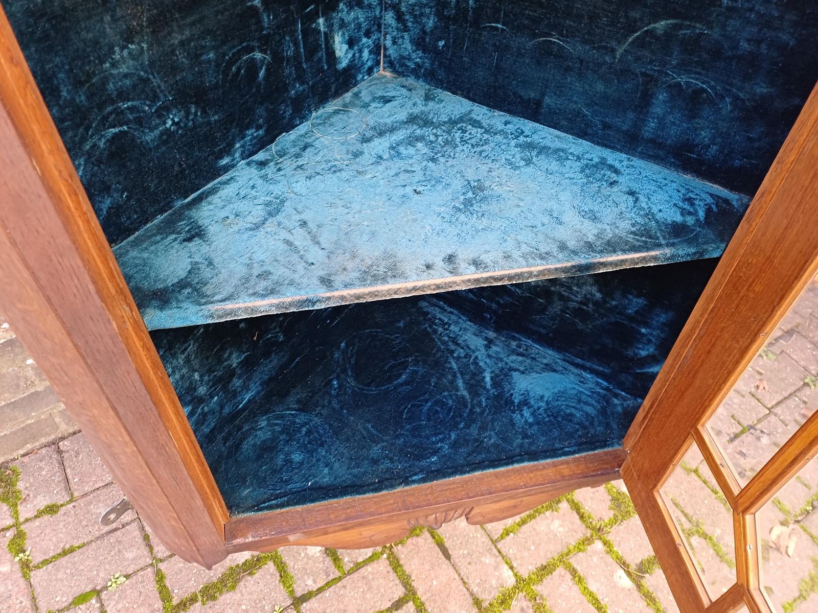 Antique Oak Glazed Corner Display Cabinet C1900 Carved Pediment & Lower Shelves Velvet Interior Bevelled Glass photo vintage