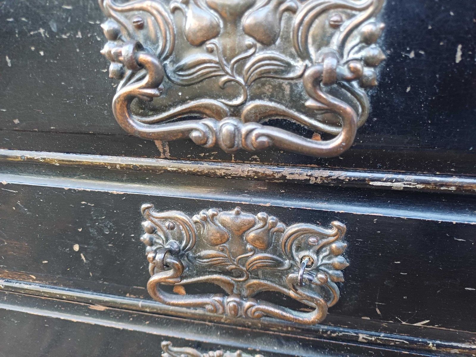 Vintage Black Painted Music Chest, 1910s Sheet Music Cabinet With Ornate Handles, Tall Narrow Storage, Antique Storage Solution Papers Etc photo vinterior