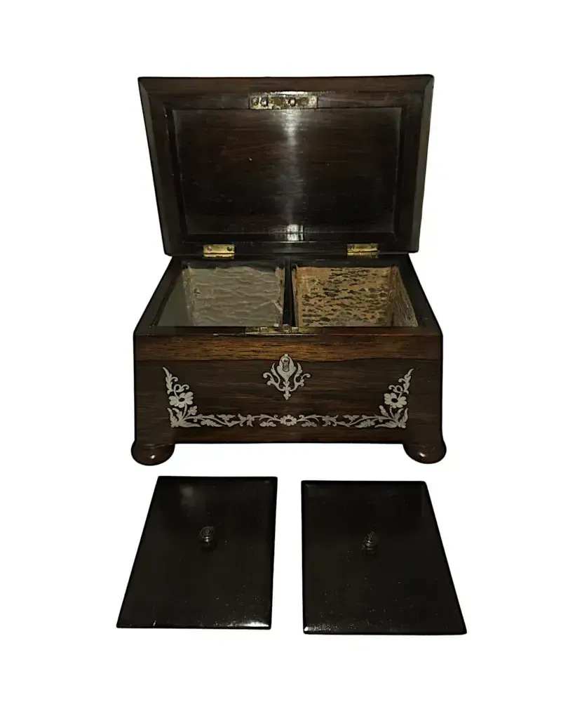 A Gorgeous Early 19th Century Regency Rosewood Small Teapoy Or Jewellery Box Inlaid With Mother Of Pearl photo for sale