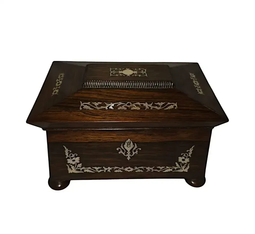 A Gorgeous Early 19th Century Regency Rosewood Small Teapoy Or Jewellery Box Inlaid With Mother Of Pearl photo Home Decor
