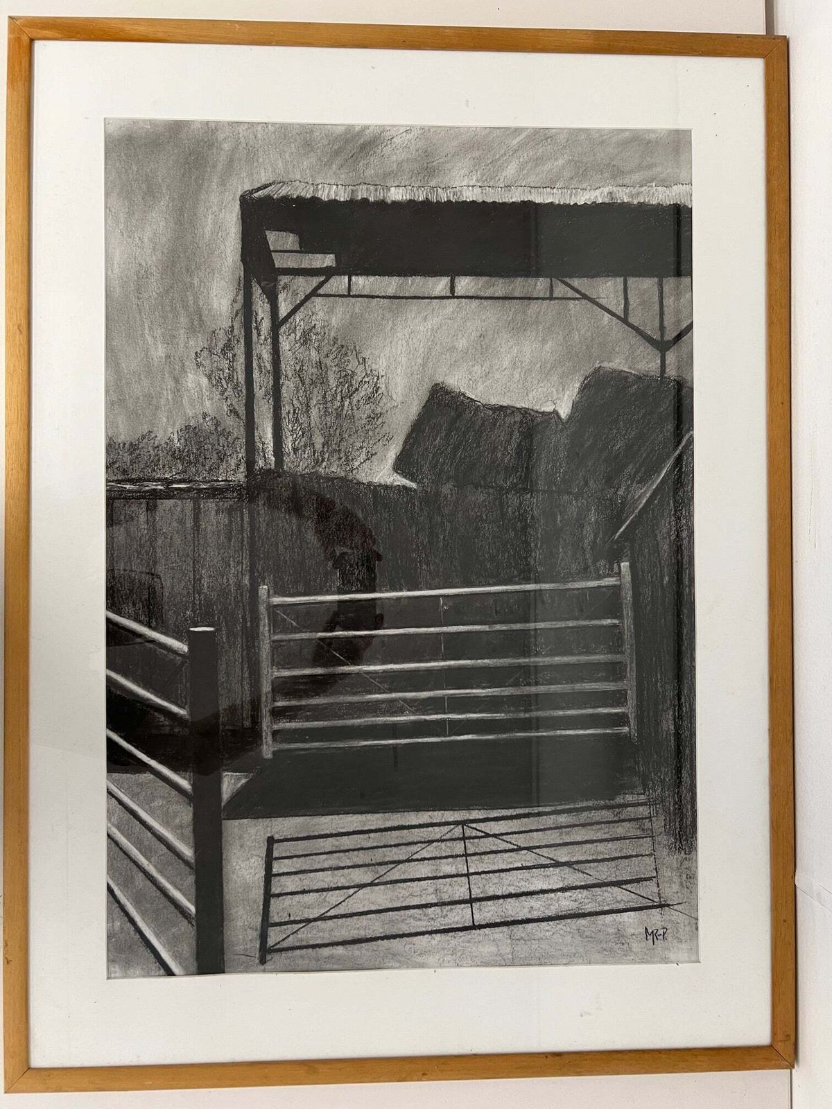A Framed Charcoal Picture Of A Farm Yard