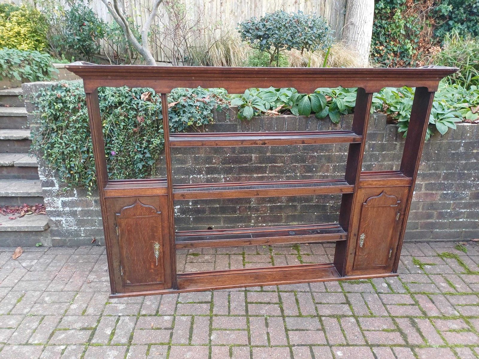 Massive Vintage Oak Wall Plate Rack With Side Cupboards Large Antique Kitchen Shelf, Solid Oak Hanging Dresser Top, 1800s