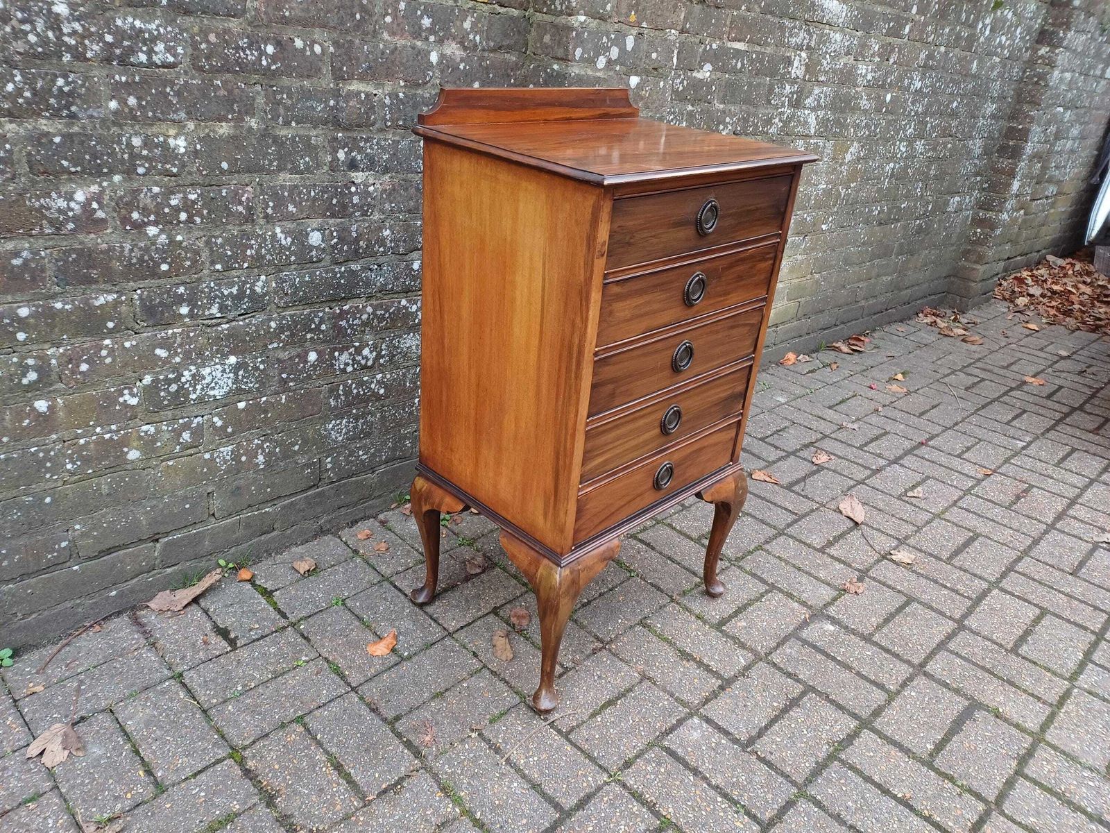 photo for sale Antique Edwardian Music Chest C1910 On Cabriole Legs – Mahogany Sheet Music Cabinet With 5 Slide Out Drawers & Gallery Top