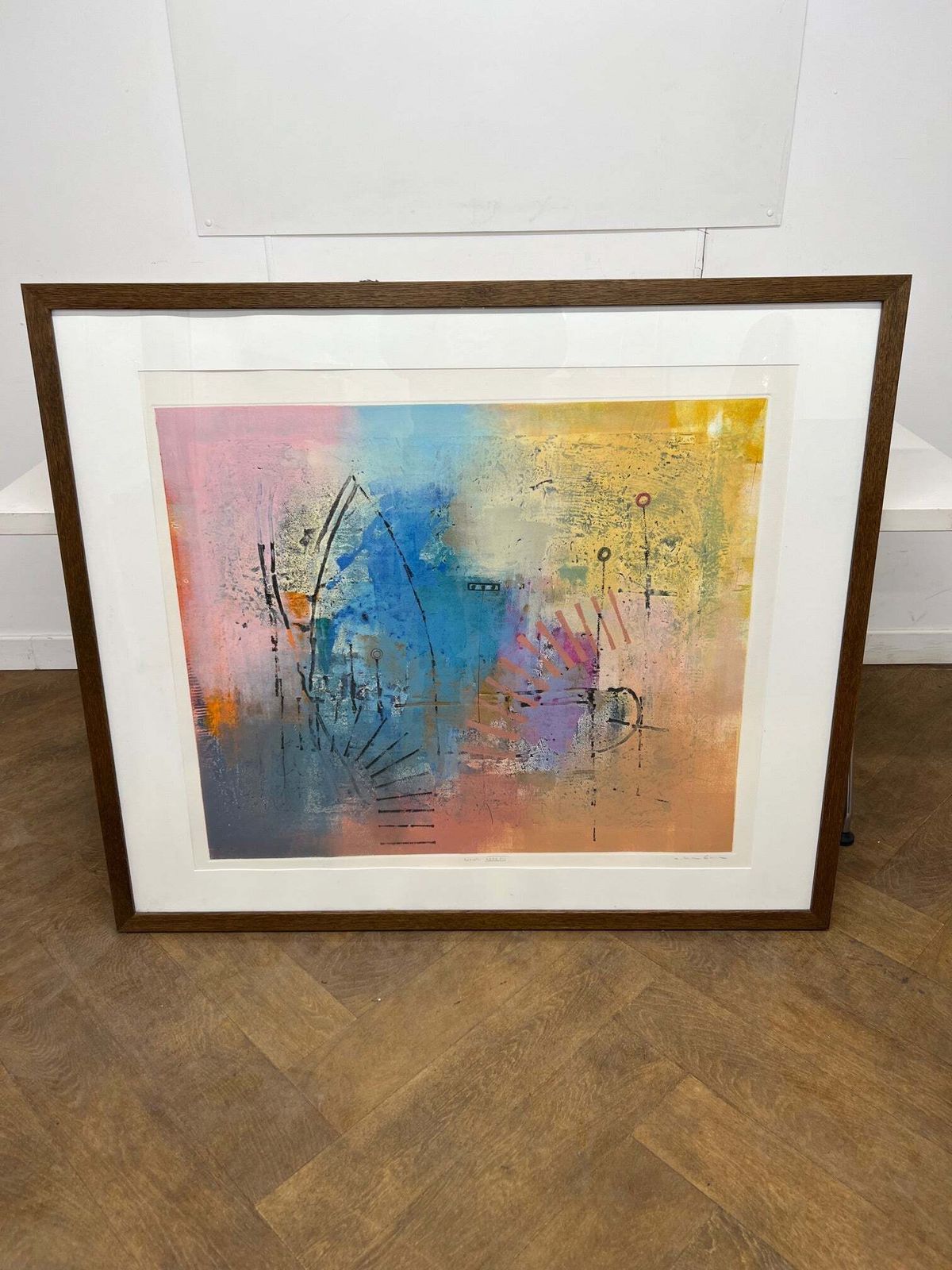 A Large Abstract Expressionism Painting On Canvas Glaze Framed In Wooden Frame.