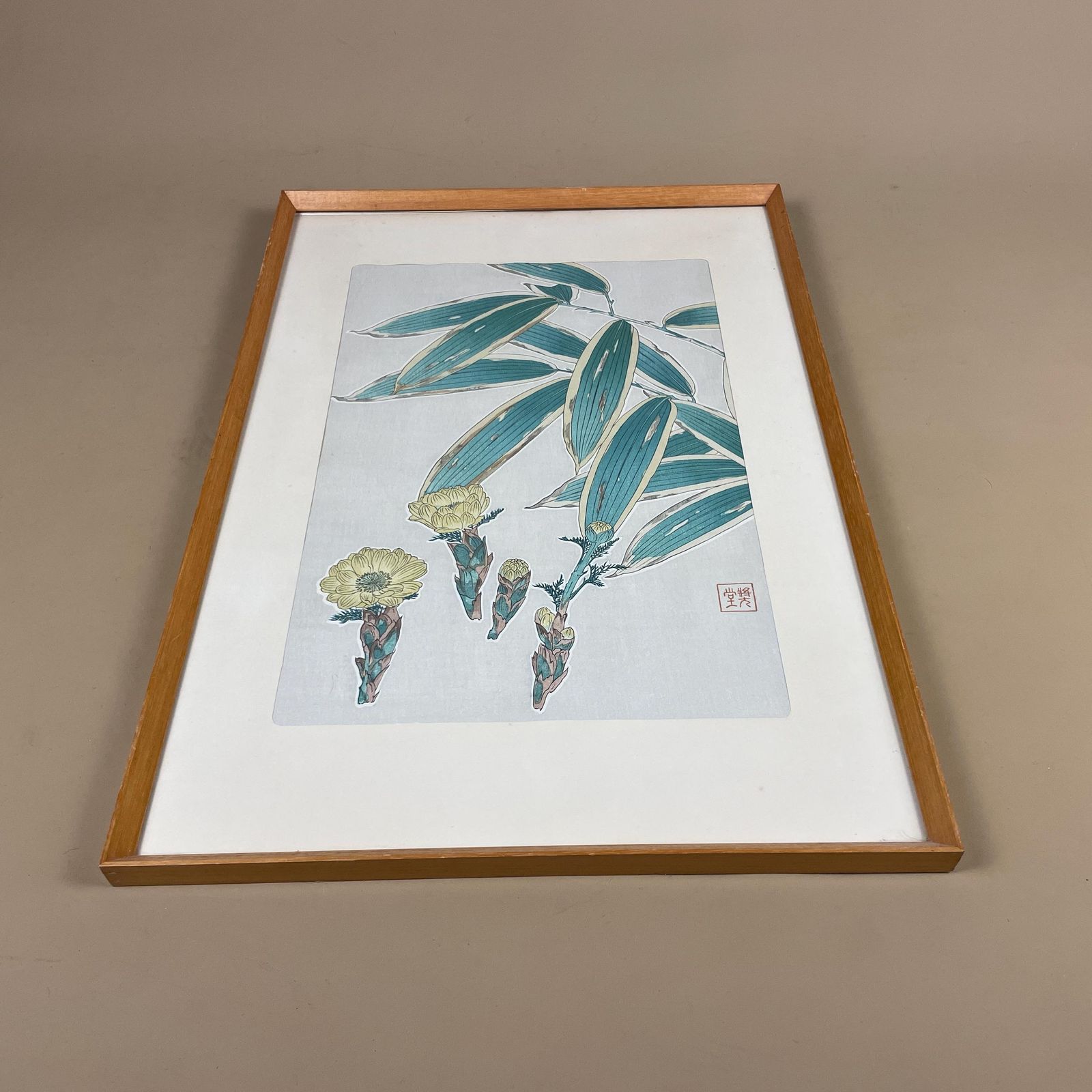 Vintage Japanese Woodblock Print Bamboo Floral Design Framed Wall Art Signed Asian Botanical Traditional Artwork Yellow Chrysanthemum photo for sale