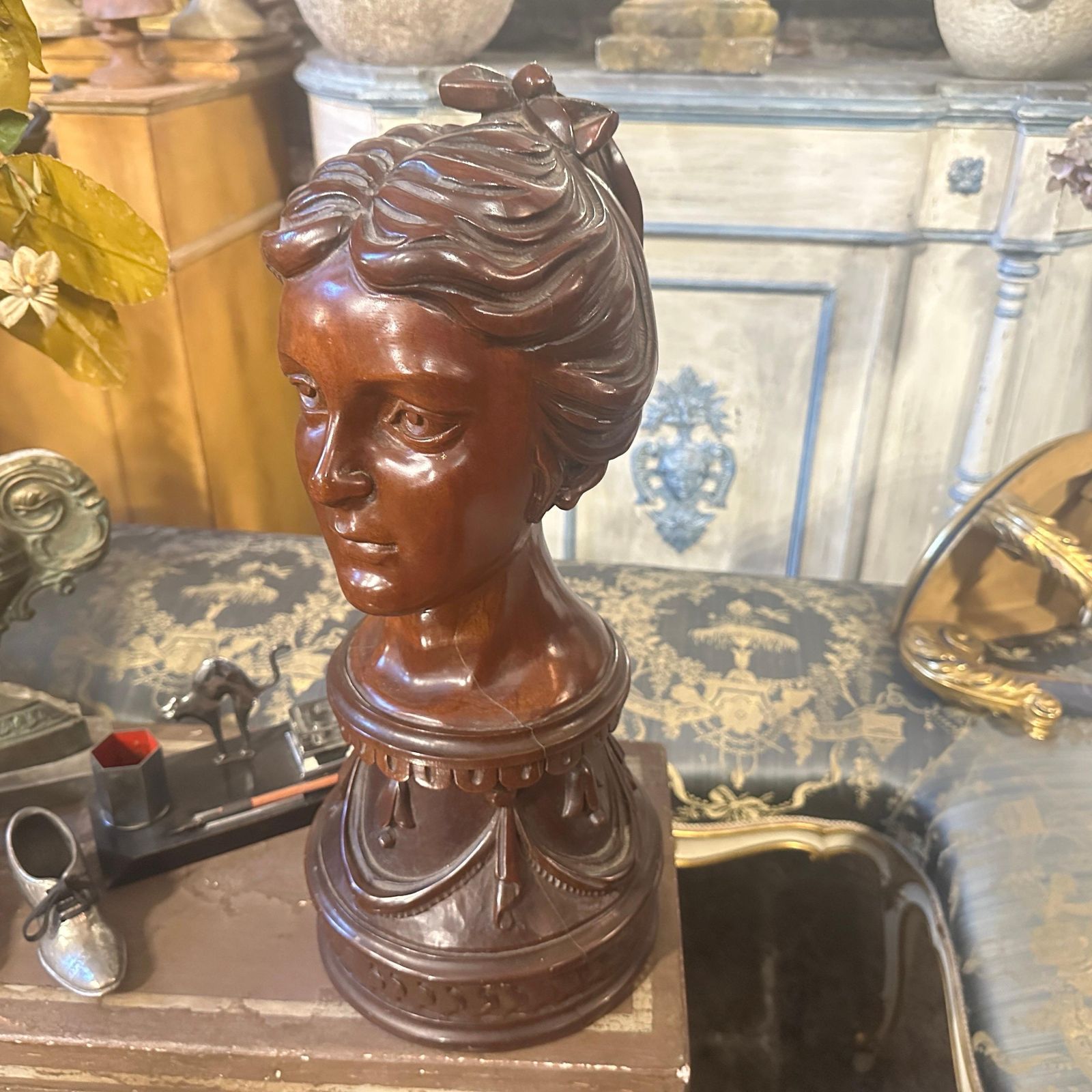 A Sicilian Art Nouveau Wood Sculpture Of A Bust Of A Young Woman photo vintage