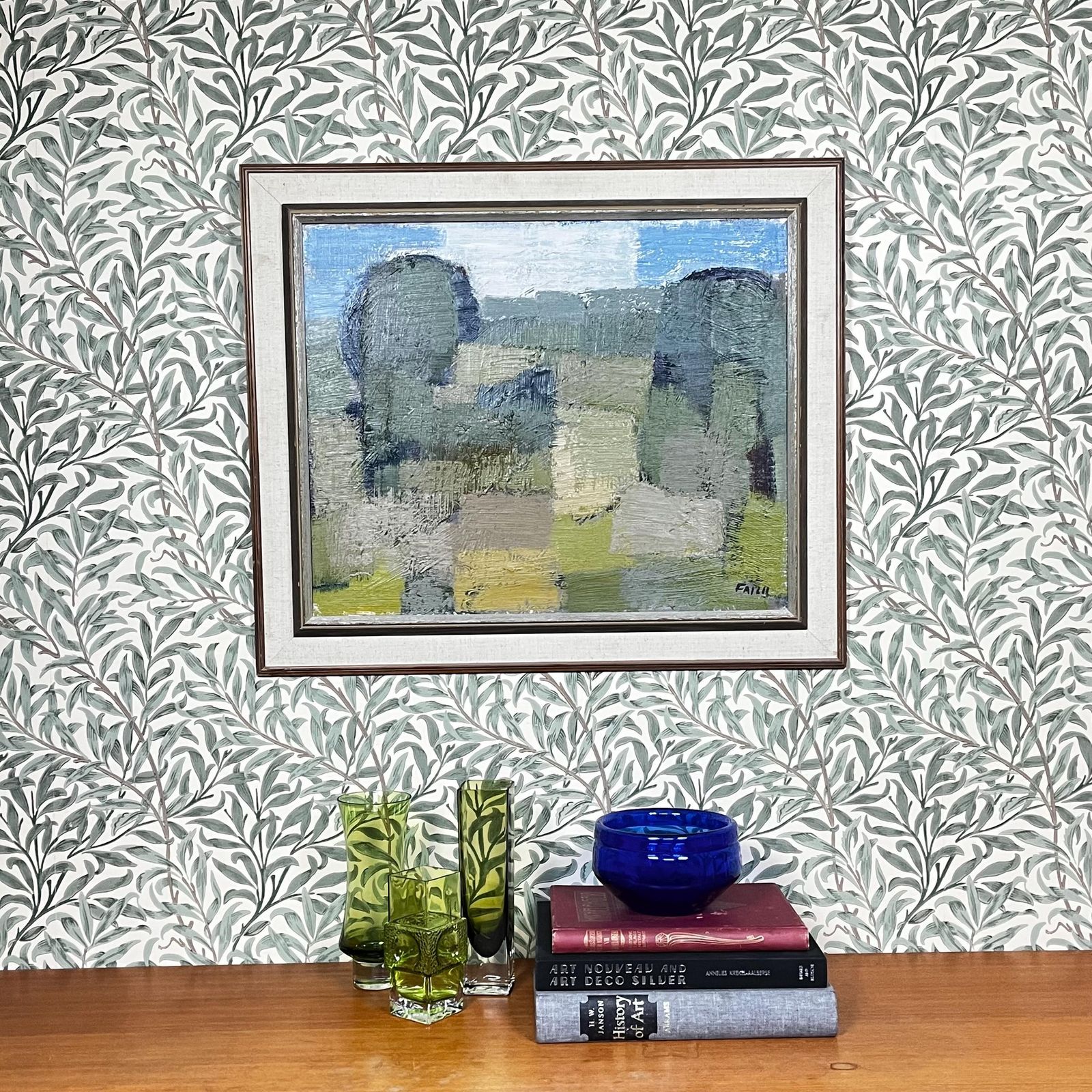 Gösta Falck, Abstract Green Landscape, 1960s, Swedish Mid Century Oil Painting photo furniture