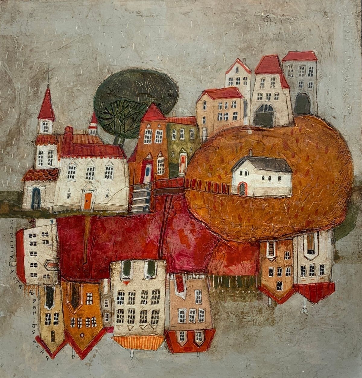 Dominika Stawarz Burskaa Town 11. Contemporary Figurative Mixed Media Artwork, Landscape, Polish Art2023