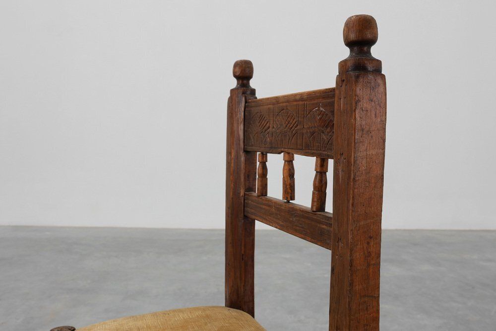 Spanish Hand Carved Oak Side Chair With Velour Seat, 19th Century photo furniture