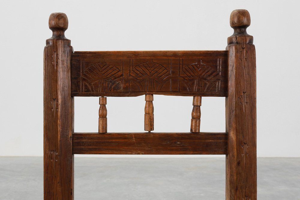 Spanish Hand Carved Oak Side Chair With Velour Seat, 19th Century photo for sale