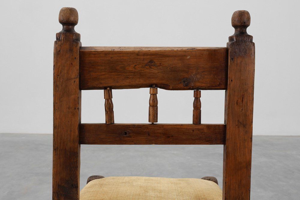 Spanish Hand Carved Oak Side Chair With Velour Seat, 19th Century photo vintage