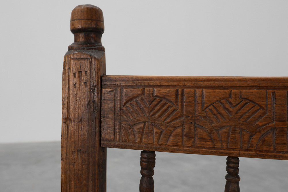 Spanish Hand Carved Oak Side Chair With Velour Seat, 19th Century photo Furniture