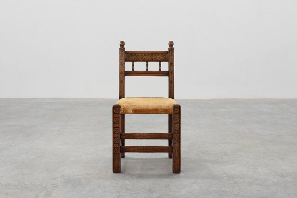 Spanish Hand Carved Oak Side Chair With Velour Seat, 19th Century photo furniture
