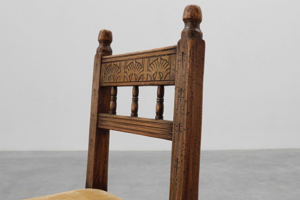Spanish Hand Carved Oak Side Chair With Velour Seat, 19th Century photo 1057.0