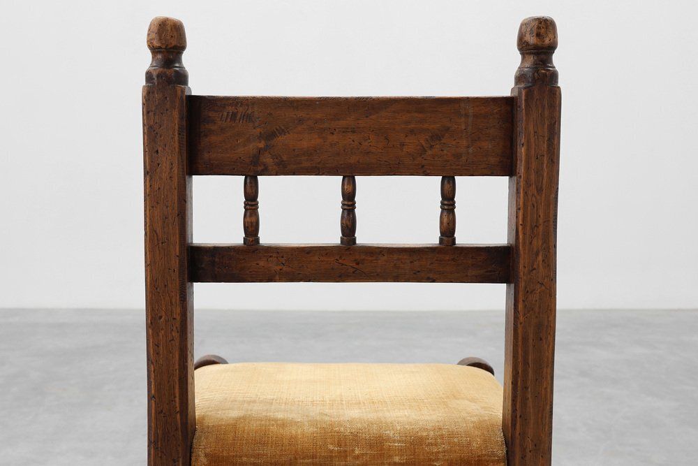 Spanish Hand Carved Oak Side Chair With Velour Seat, 19th Century photo vintage