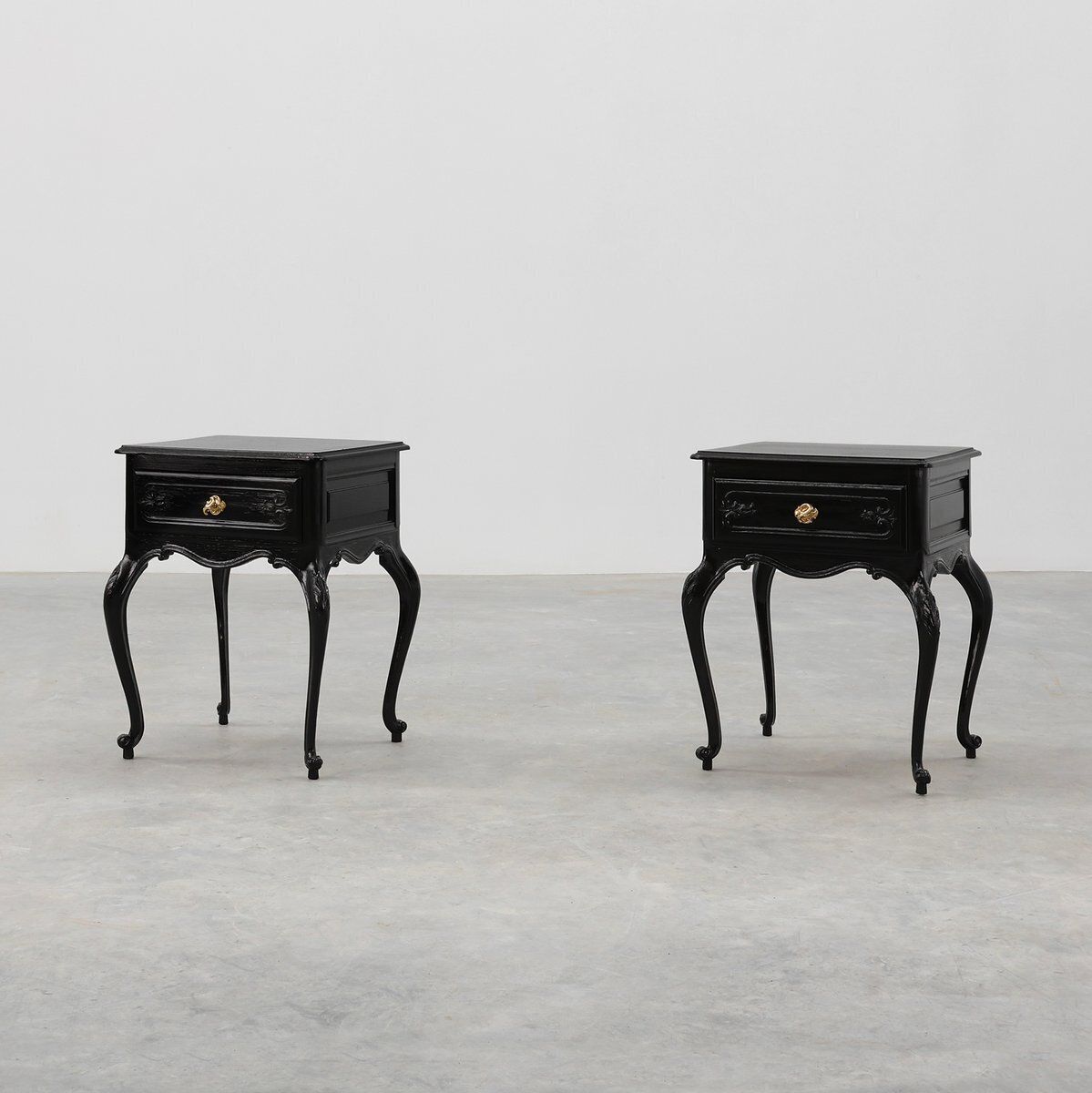 Louis XV Style Nightstands In Black Lacquered Oak, France, 1950s, Set Of 2