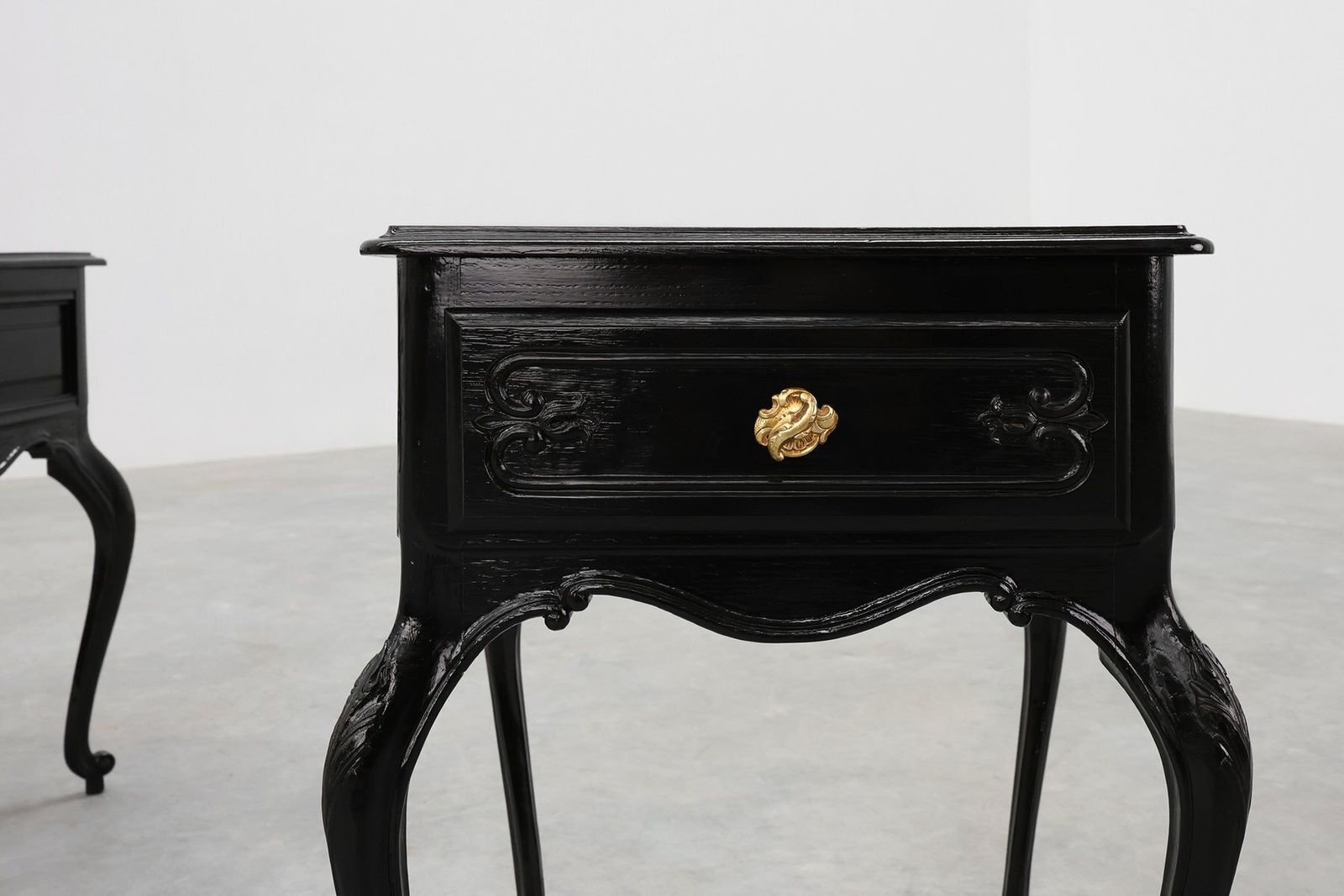 Louis XV Style Nightstands In Black Lacquered Oak, France, 1950s, Set Of 2 photo for sale