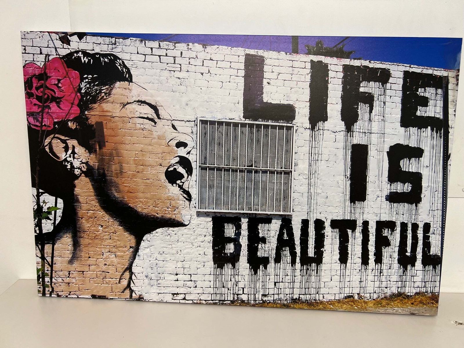 Graffiti Art By Banksy "Life Is Beautiful" Print On Canvas.