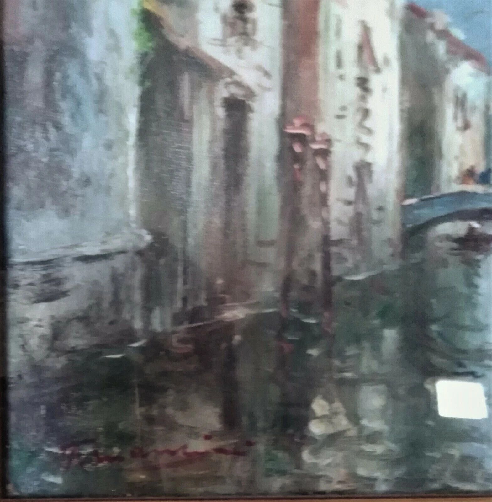 Oil Painting On Cardboard Glimpse Canal Venice 1950s photo for sale