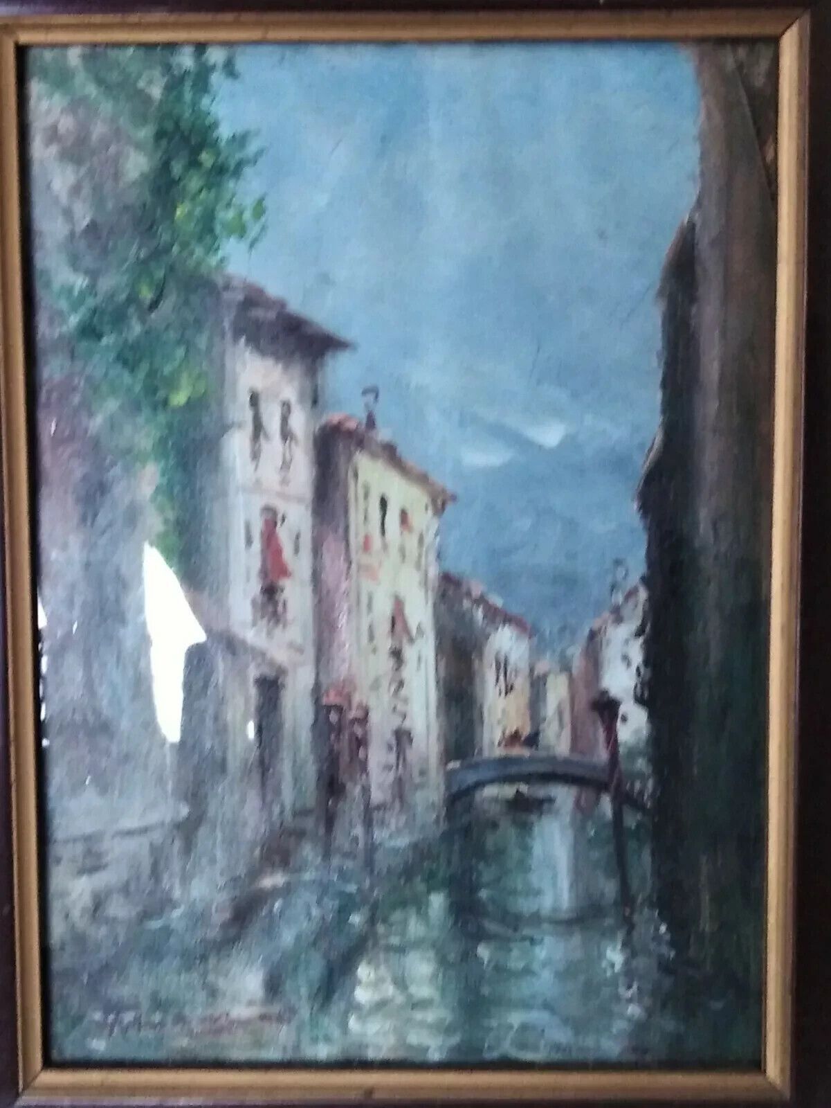 Oil Painting On Cardboard Glimpse Canal Venice 1950s photo Art
