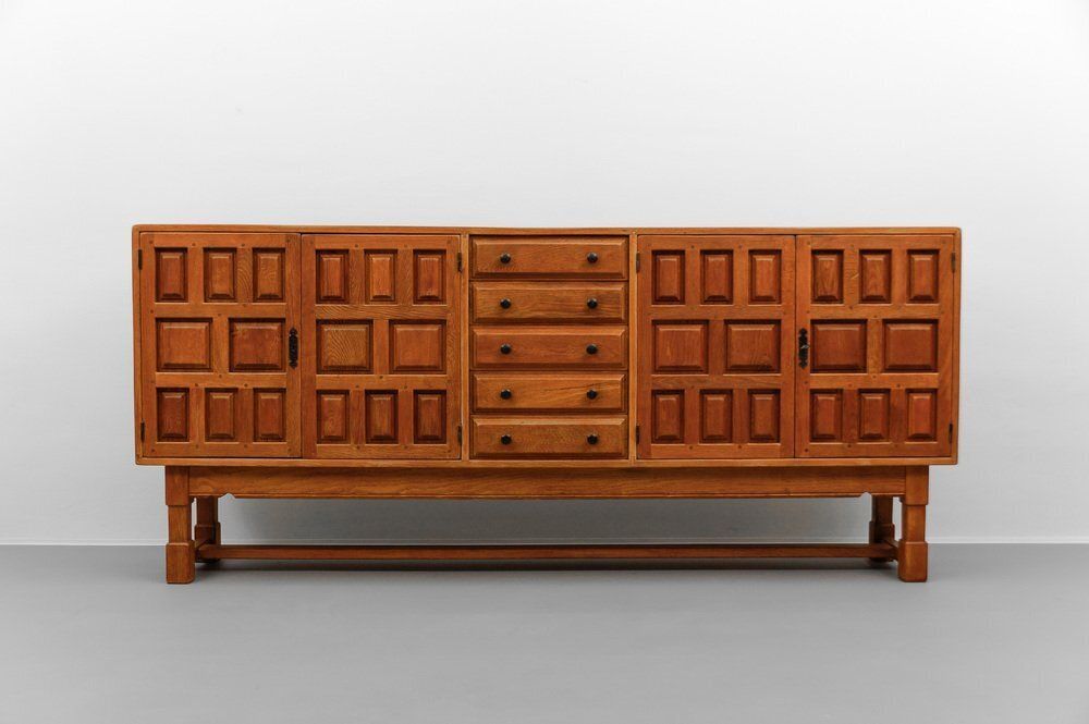 Large Screwless Sideboard Made Of Carved Oak, Spain, 1960s