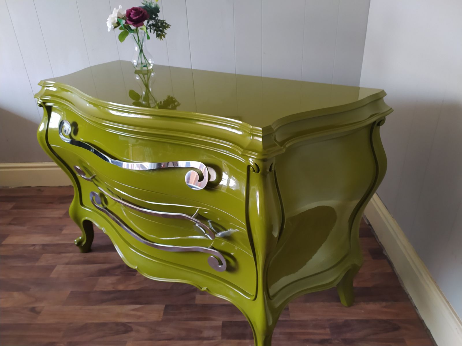 Green Lacquered Chest Of Drawers: Creazioni Berto Steel Handle Dresser photo for sale