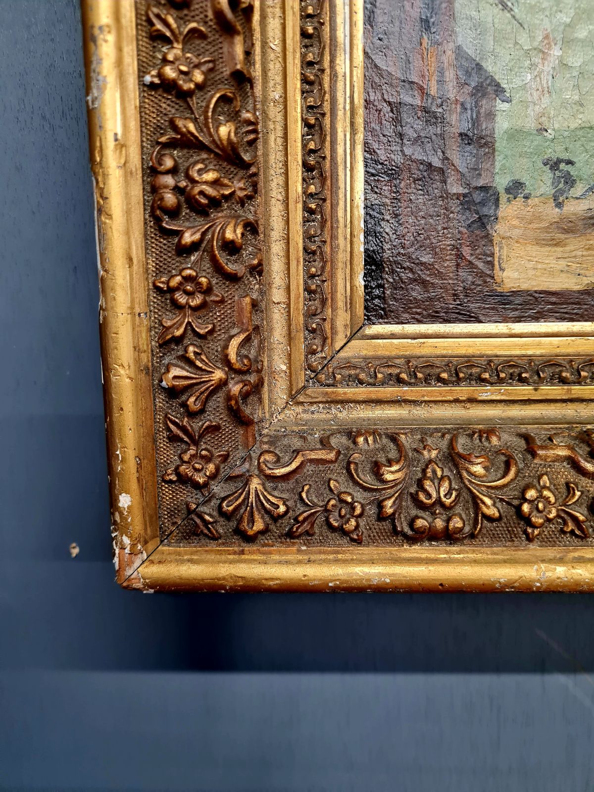 19th Century Continental Rustic Village Oil Painting In Original Gilt Frame C.1855–1875 photo for sale